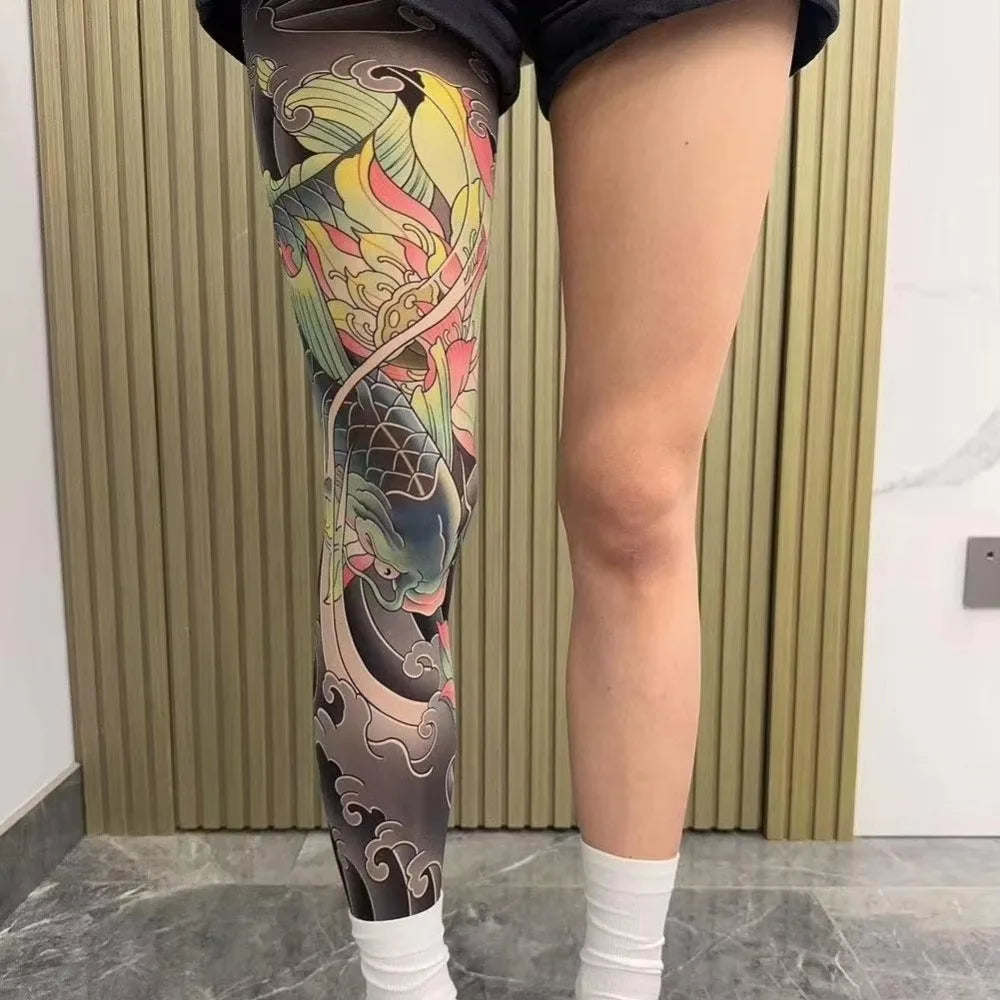 Full Leg Fake Tattoo Socks Printed Tights Cycling Fishing Elastic Socks Sun-proof Cool Personalized Driving Sexy Stockings Quake One Size 6
