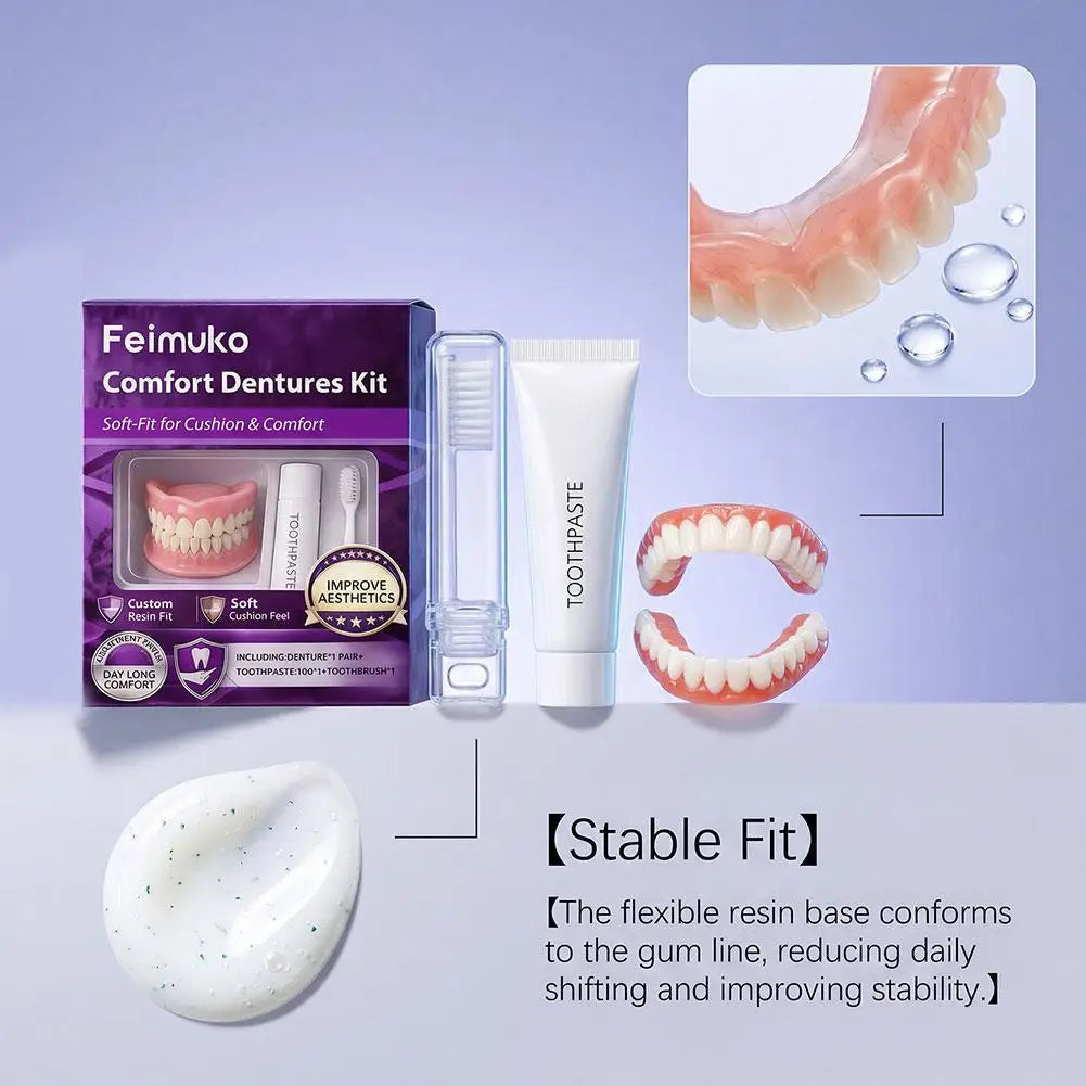 New Instant Smile Moldable Silicone Denture Kit, Natural Ivory Upper & Lower False Teeth With Toothbrush & Toothpaste Quake