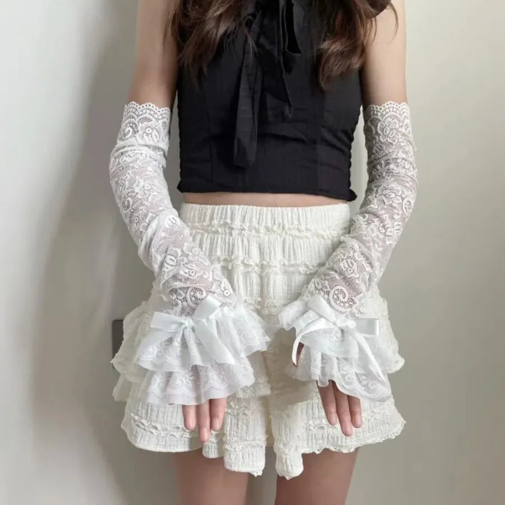Sweet Lace Bowknot Womens Sleeve Y2K Hollow Out Bridal Wrist Gloves Sun Protection Lace Fingerless Gloves Quake White