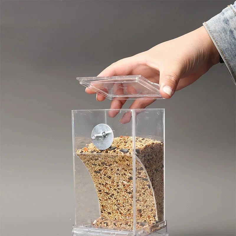 Automatic Parrot Bird Feeder Spill Proof Splash Proof Clear Acrylic Design Auto Dispense Birdseed Essential Bird Cage Accessory Quake
