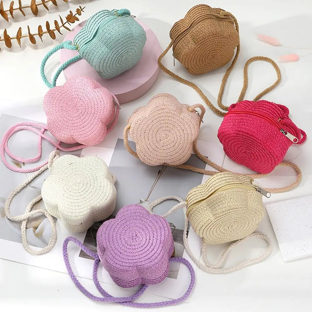Fashion Woven Straw Shoulder Bags Flower Cute Crossbody Bag Travel Lightweight Beach Bag for Children Quake