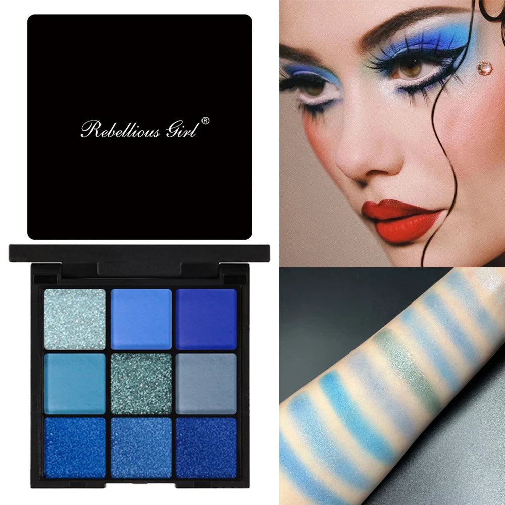 9 Color Eyeshadow Palette Blue Waterproof Sweatproof Blue Matte Pearl Glitter Finish Performance Stage Makeup Music Festival Quake 9 Colors Blue