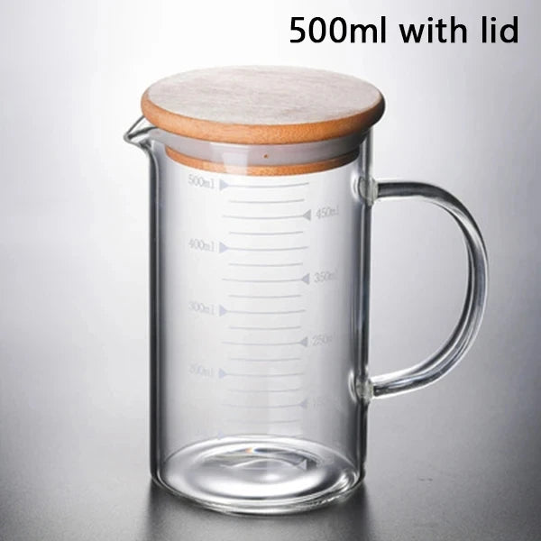 YWDL 250-1000ml Food Grade Glass Measuring Cups Kettle Kitchen Milk Tea with Lid and Handle Laboratory Beaker Measuring Mug Quake 500ml