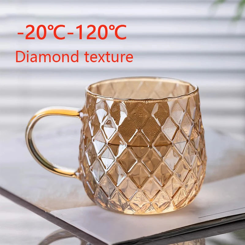 YWDL 1/2pcs Diamond Textured Glass Cup Golden Teacup Mug With Handle Household Fruit Tea Coffee Milk Drinkware Taacup 380ml Quake