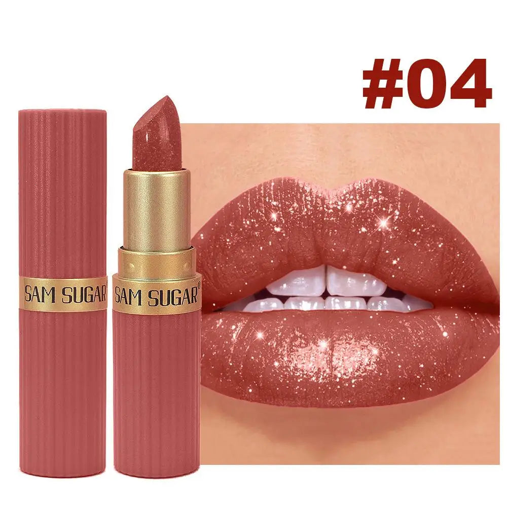 Nude Pink Glitter Lipstick for Women, Long Lasting High Shine Nude Shimmer Lipstick High Impact Full Coverage Sexy Lip Makeup Quake 04