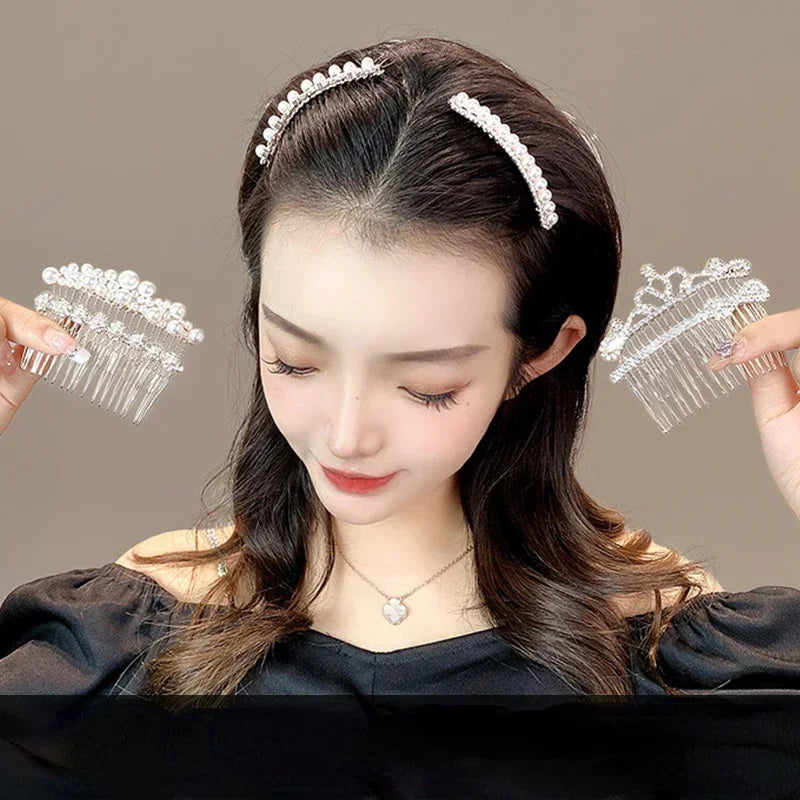 Women Rhinestone Pearl Comb Clip Hair Accessories Bangs Clip Back Head Headdress Broken Hair Finishing Tools Hair Clip Hairpins Quake