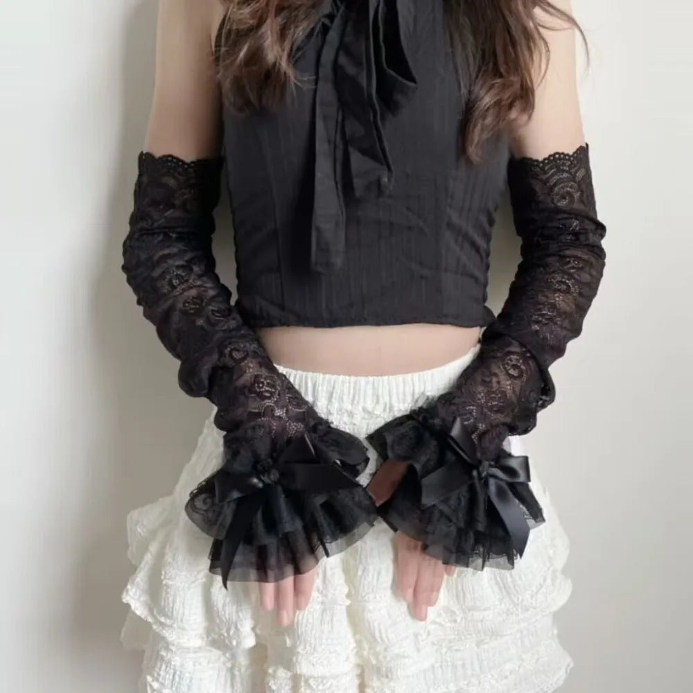 Sweet Lace Bowknot Womens Sleeve Y2K Hollow Out Bridal Wrist Gloves Sun Protection Lace Fingerless Gloves Quake Black