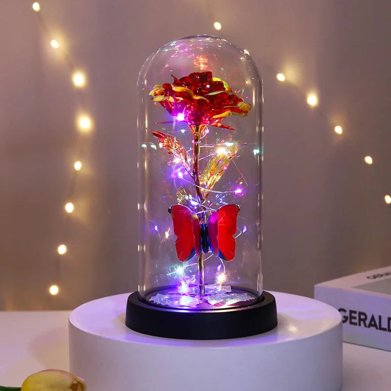 Glass Cover Rose Immortality Flower with Lamp Qixi Valentine's Day Gift Creative Decoration Decorations Quake B glass cover 11.5X23X9CM