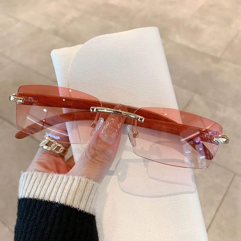 Trendy Punk Sunglasses Rimless Rectangle Sun Glasses for Women Men UV400 Driving Shades Fashion Frameless Gradient Eyewear Quake Gold-Pink