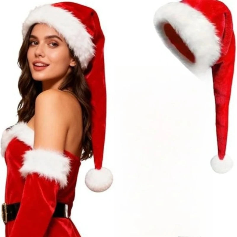 1PC Soft Short Plush Extra Long Christmas Hat Long Fluffy Santa Hat Festive Head Accessory for Christmas Decoration Gifts Quake