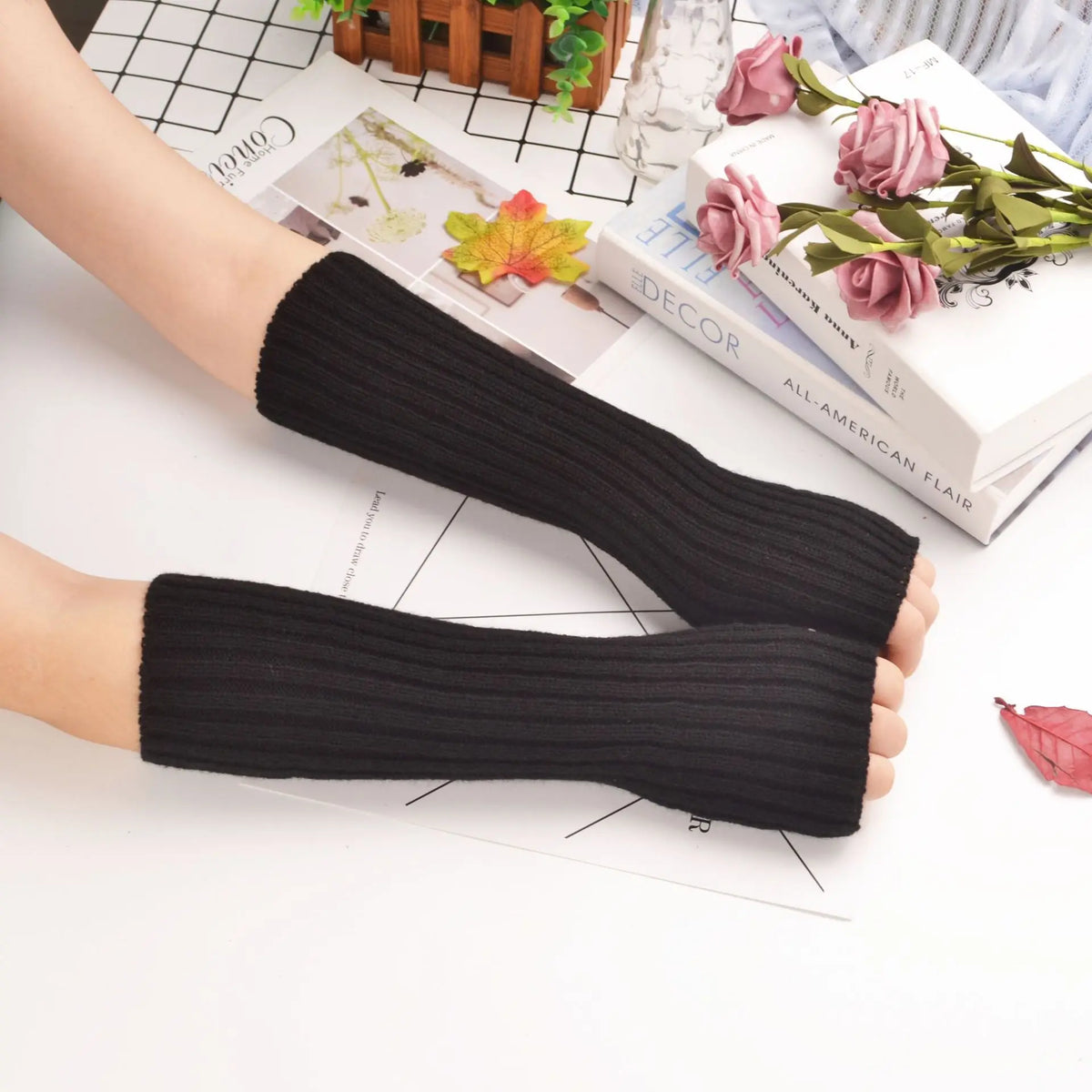 Mid To Long Arm Sleeves with Flat Needles Korean Version Knitted Women Warm Ins High Street Keep Warm Quake black 30cm