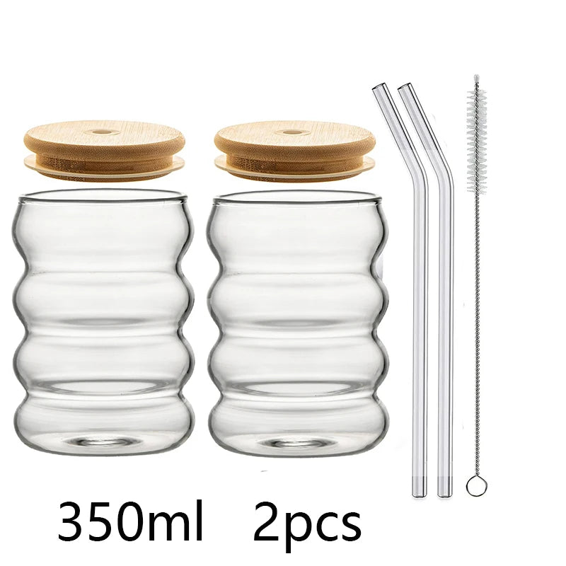 YWDL 350/480ml Heat-Resistant Wave Cup Set of 2 with Lid And Straw Beer Juice Ice Coffee Cocktail Fruit Glass Drinkware Quake 350ml