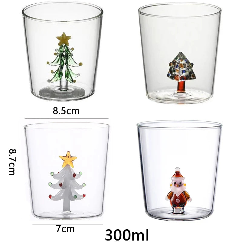 YWDL Christmas Glass Cup 300ml 3D Handmade Glass Figurine Inside Borosilicate Tumbler Xmas Tree Santa Drinking Gift Home Decor Quake