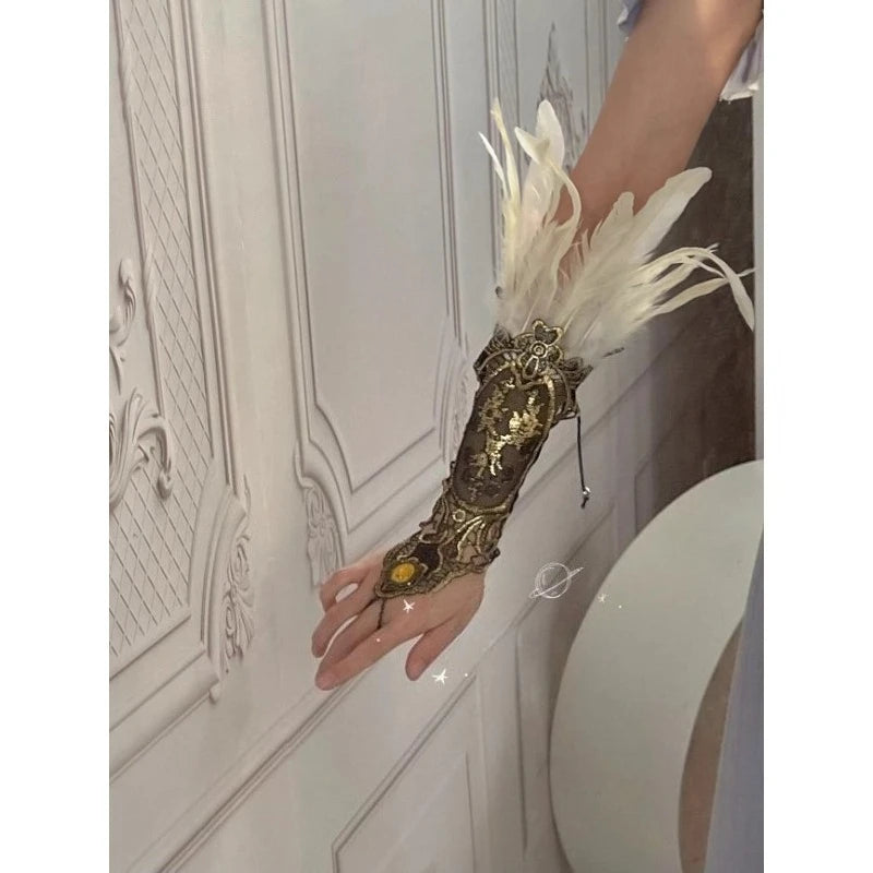 Retro Black and White Feather Lace Handguard Exotic Style Lolita Hanfu Ancient Style Styling Matching Quake White Feather 1pcs
