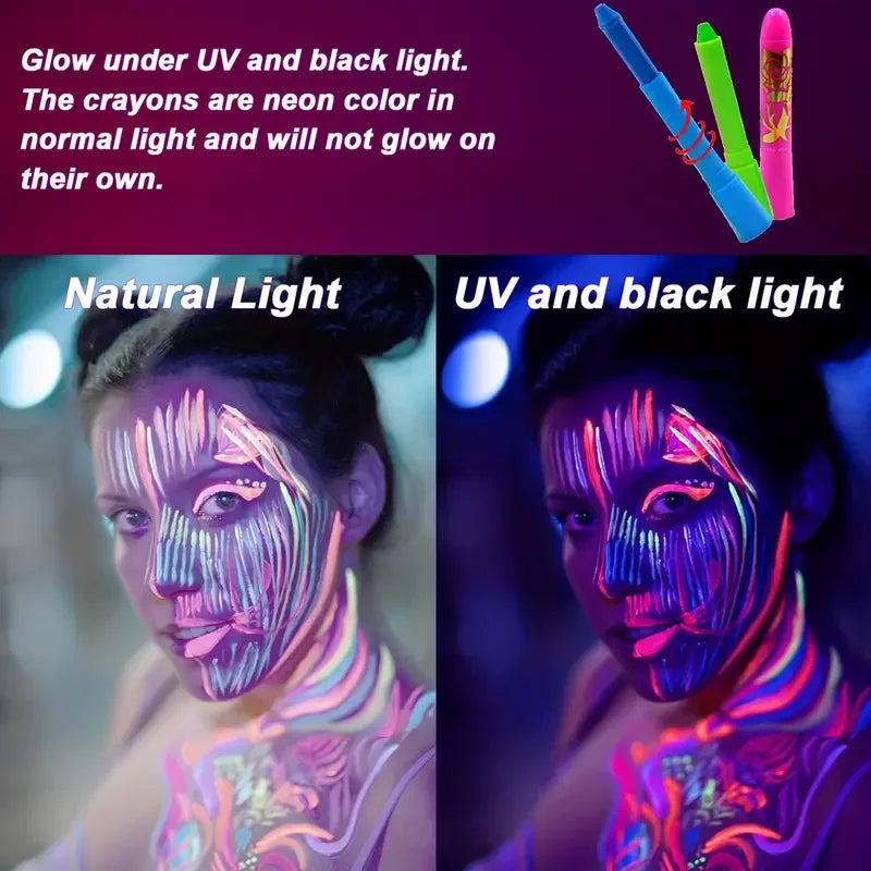 6Pcs UV Neon Face Painting Kit,with 4 Glow Dark Stickers Glow in the Dark Under UV Lights,Black Light Glow Makeup Face Painting Quake