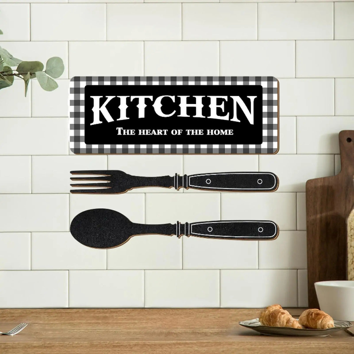Wooden Kitchen Wall Decor Hanging Eat Sign Set Fork Spoon Artwork for Kitchen Decoration House Quake