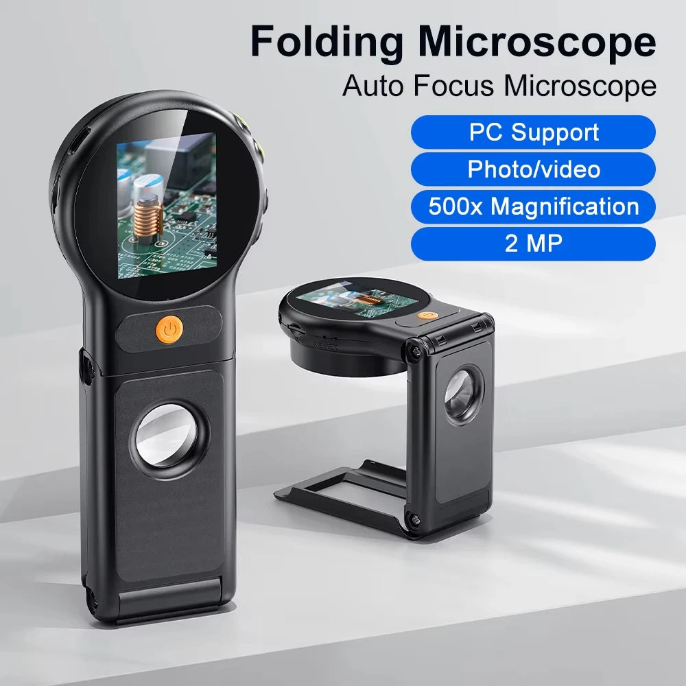 Autofocus 500X Digital Microscope with 8leds 2MP Coin Video Microscopes Foldable Magnifying Glass 2Inch for Electronics Repair Quake Default Title