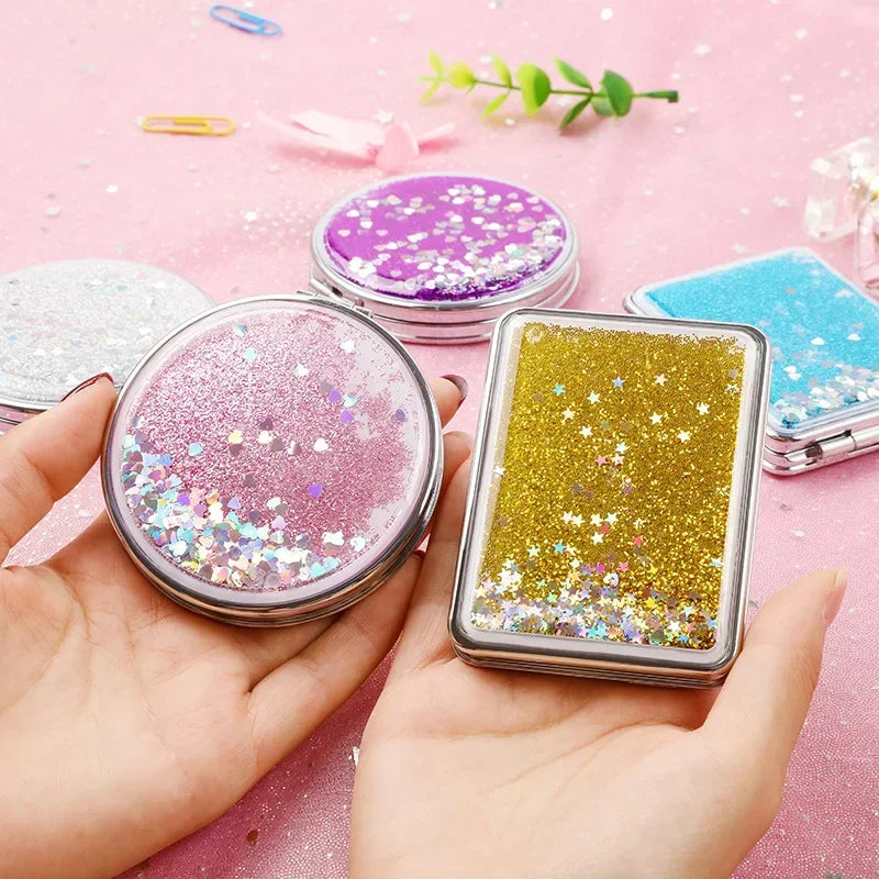 Portable Double-Sided Folding Makeup Mirror Women Gifts with Flowing Sparkling Sand Mini Cosmetic Mirror Compact Pocket Mirrors Quake