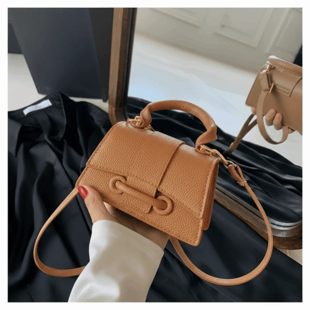 High Quality PU PU Leather Bag Solid Color Buckle Square Bag Shoulder Crossbody Bag Quake Brown