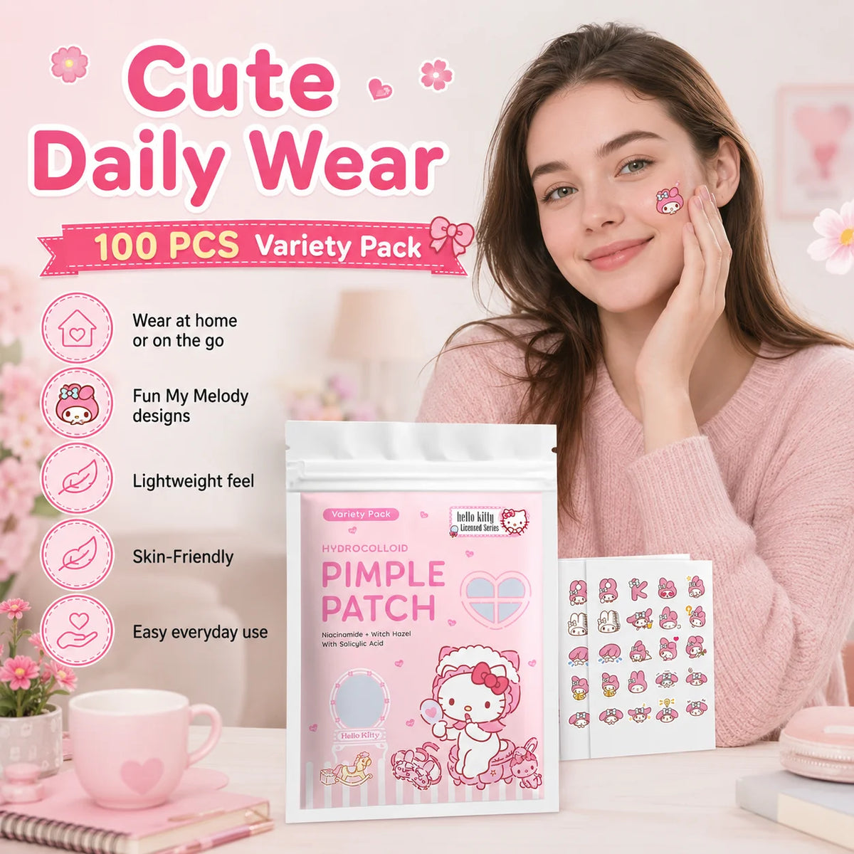 100PCS hello kitty Acne patches, facial acne patches, hydrogel acne removal patches, concealer Quake