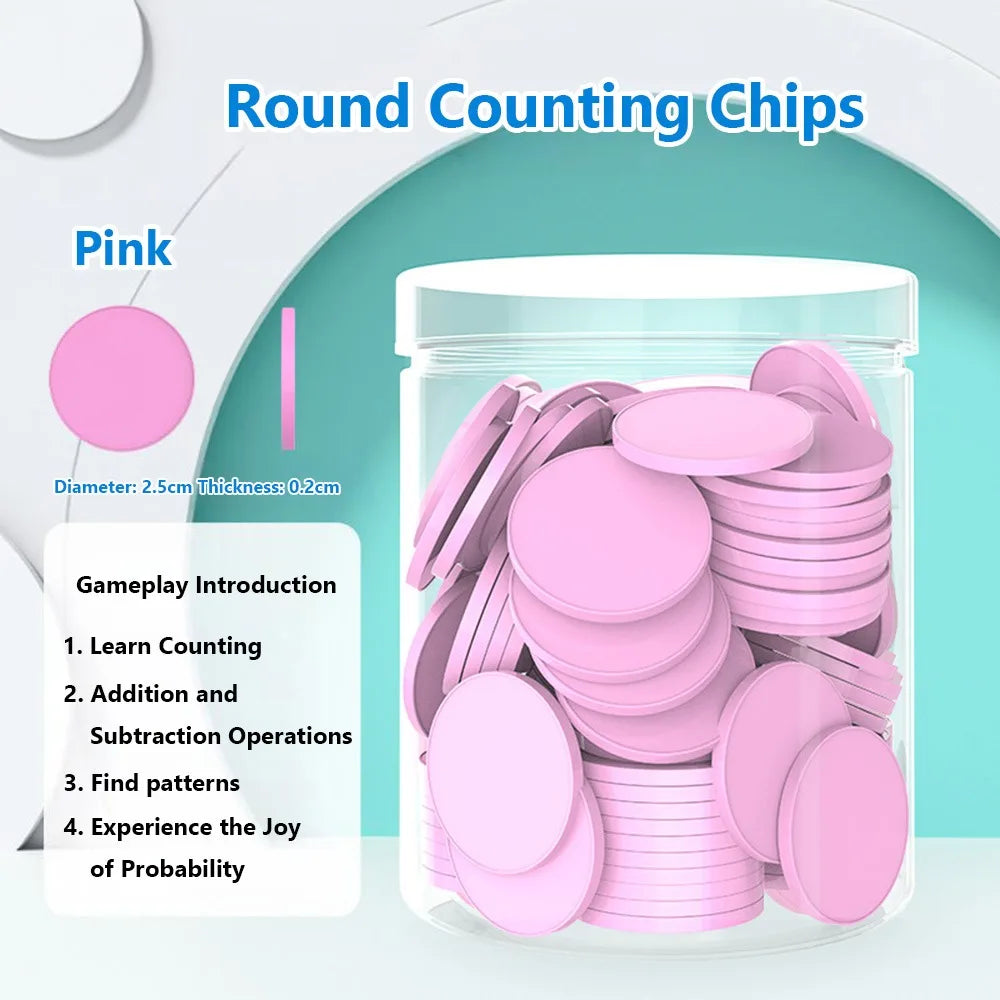 100pcs Plastic Counting Chips Addition Subtraction Operation Board Games Tokens Counting Toy Colored Round Teaching Tool Quake Pink