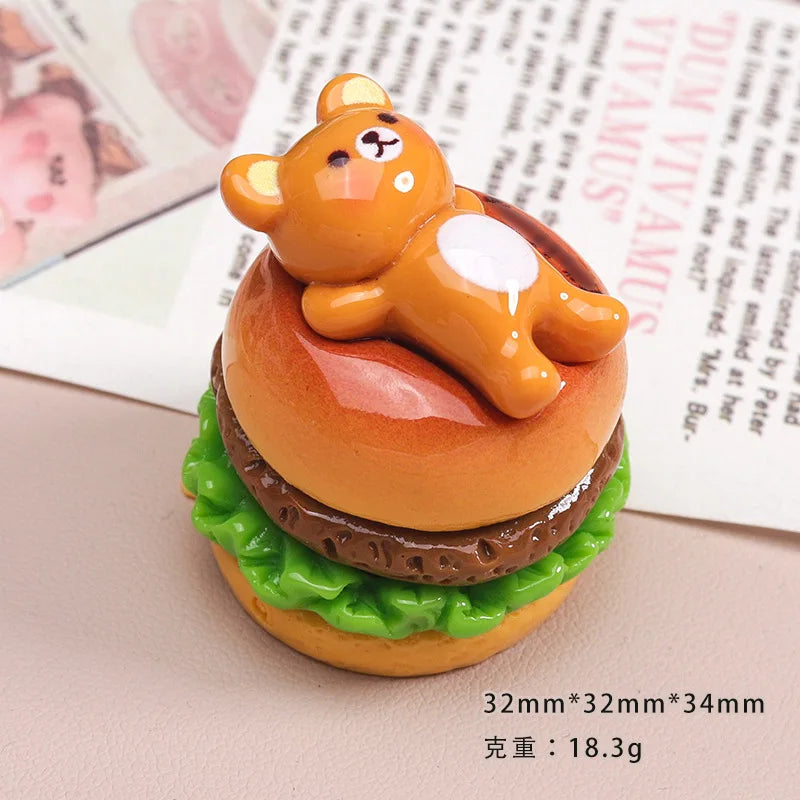 5Pcs Simulation 1:12 Bear Hamburger Resin Cabochon 3D Miniature Fake Food For Craft DIY Jewelry Making Dollhouse Accessories Quake yellow