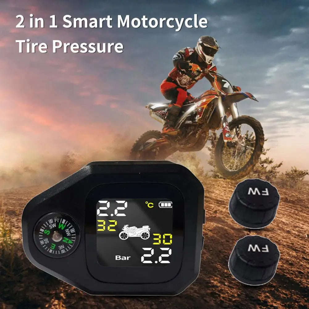 Motorcycle TPMS with Compass Dustproof LCD Screen High-Precision External Sensor Tire Pressure Monitor for Motorcycle Quake