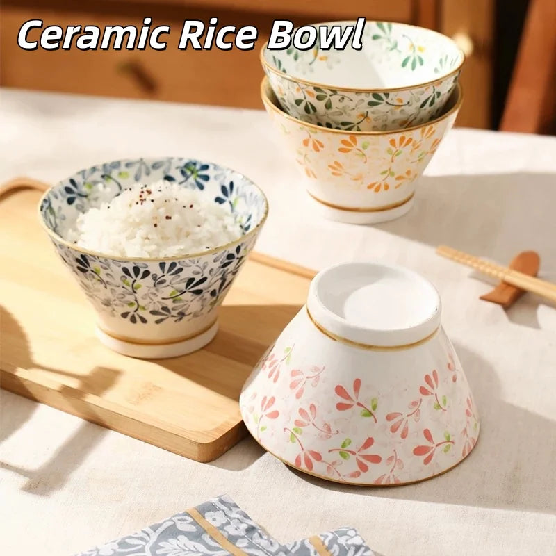 5 Inch Colorful Floral Ceramic Cone Bowls Vintage Japanese Porcelain Rice Soup Bowl Oven Microwave Safe Household Tableware Quake