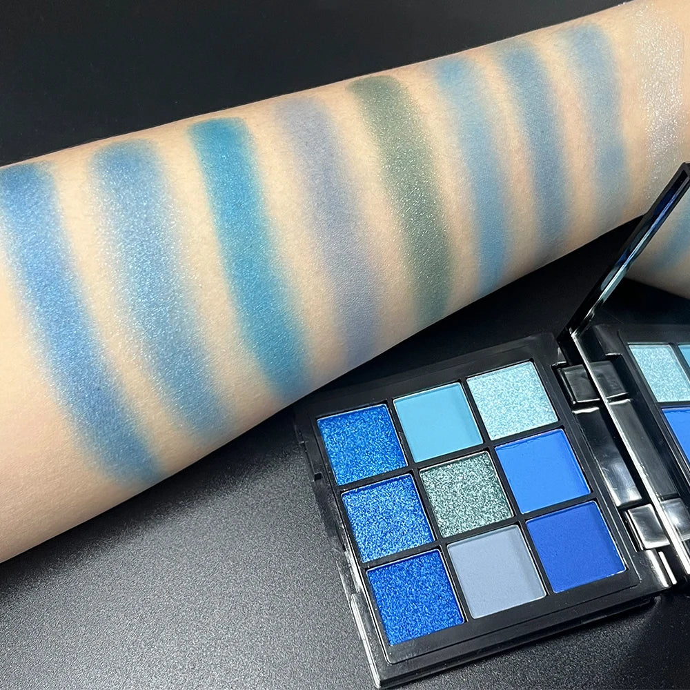 9 Color Eyeshadow Palette Blue Waterproof Sweatproof Blue Matte Pearl Glitter Finish Performance Stage Makeup Music Festival Quake