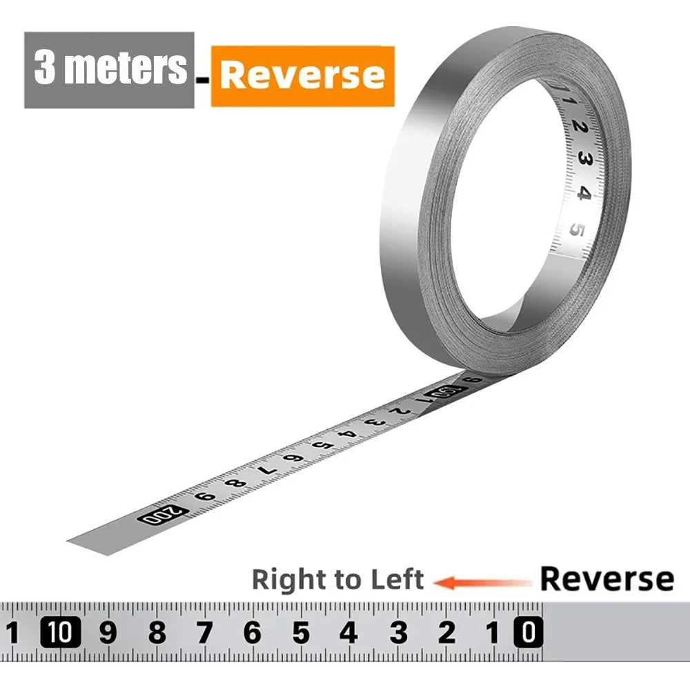 Durable Self-Adhesive Measuring Tape 12MM Width Stainless Steel Workbench Ruler 1/2/3 meters Adhesive Backed Tape Ruler Quake Reverse-3meters