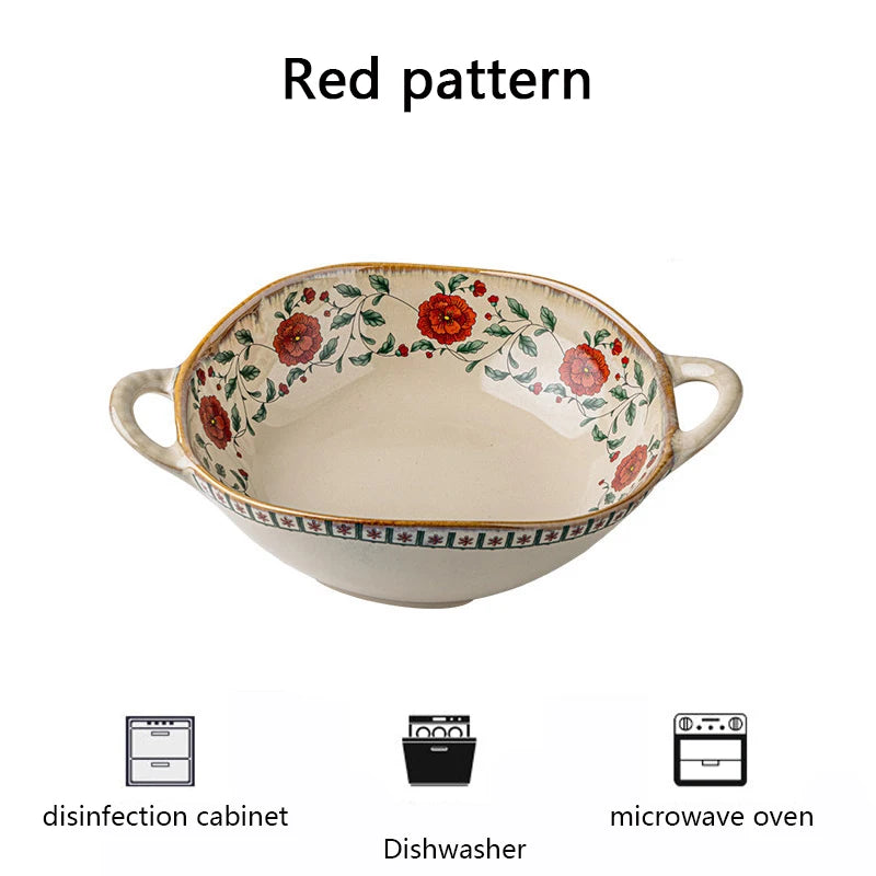 Vintage Floral Double Handle Ceramic Bowl Microwave Safe Salad Soup Bowl Porcelain Noodle Pasta Bowl Home Kitchen Tableware Quake Red pattern