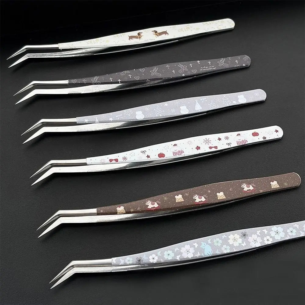 Stainless Steel Curved Stickers Tweezers High Precision Anti-static Lashes Extension Tweezer Cartoon Bean Tweezers Quake