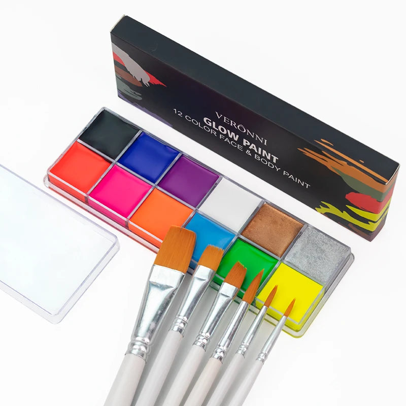 12 Cores UV Glow Paint Fluorescent Neon Oil Face Body Cosmetic Palette for Halloween Party Paint Fancy Dress Kid Cosplay Makeup Quake GlowPaint whitebrush