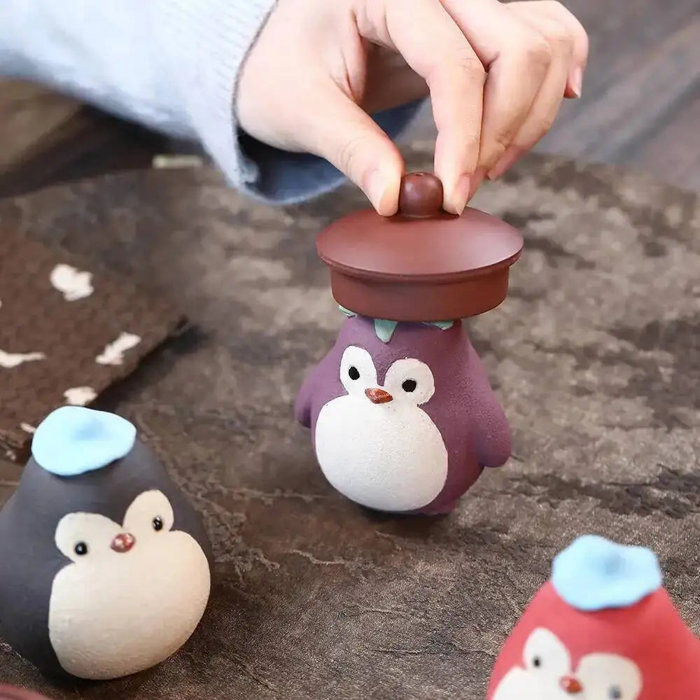 Yixing Zisha Tea Pet Penguin Eggplant Ornament Handmade Powder Clay Sculpture Little Chicken Cover Tray Tea Set Tea Play Tea Quake