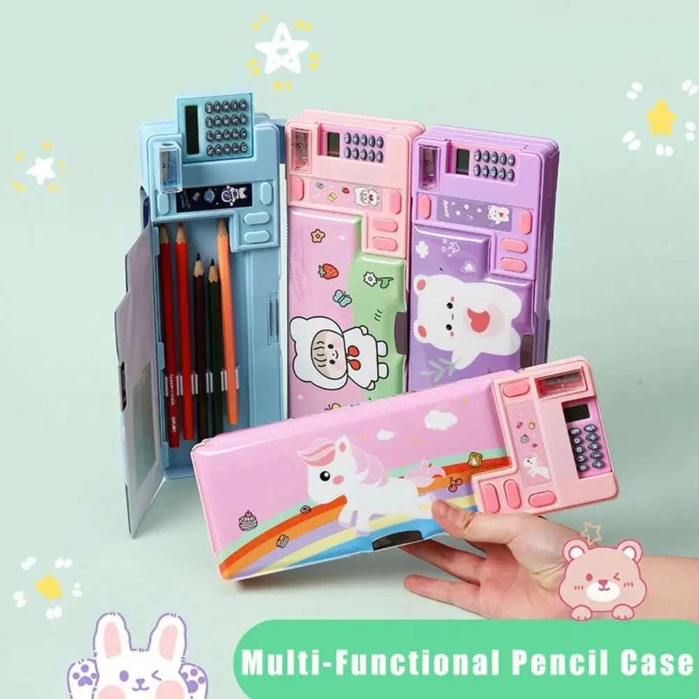 Plastic Pencil Case Fun Mechanism Design Double Sided Use Stationery Storage Box Large Capacity With Calculator/Pencil Sharpener Quake