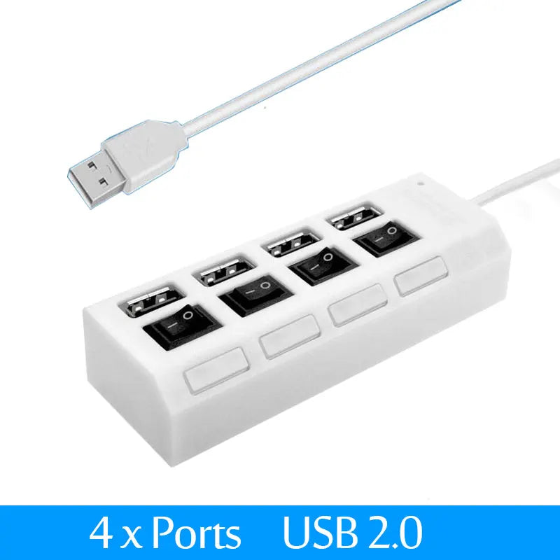 USB 2.0 Hub Multi USB Splitter Hub Use Power Adapter 4/7 Port Multiple Expander USB Hub with Switch 30CM Cable Quake 4 Port White