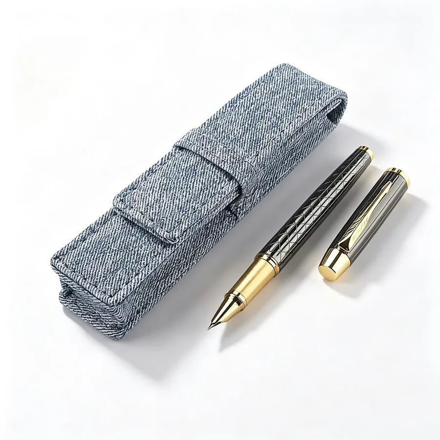 Luxury Engraved Metal Gold Nib Signature Pen With Denim Fabric Pen Case Business Office Writing Gift Fountain Pen Quake 116-2 0.38MM
