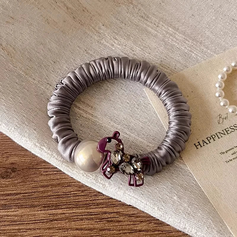 Rhinestone Pearl Horse Hair Ties for Women Elegant Elastic Rubber Bands Sweet Cute Animal Decoration Hair Accessories for Daily Quake gray
