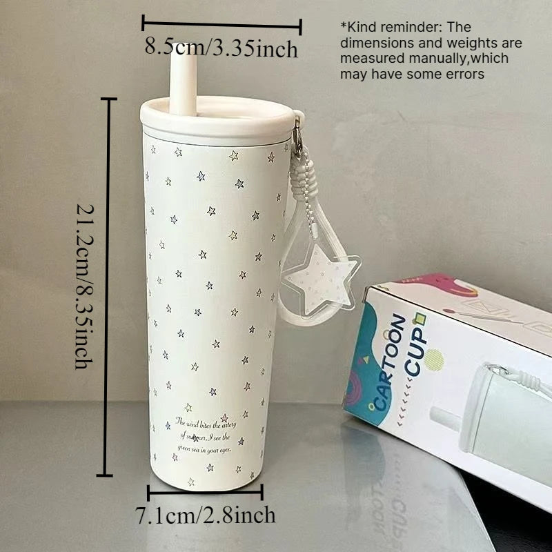 Starry Sky Thermos Cup Stainless Steel Straw Water Bottle High Aesthetic Girl Large Capacity Portable Outdoor Drinking Mug Quake A 601-700ml