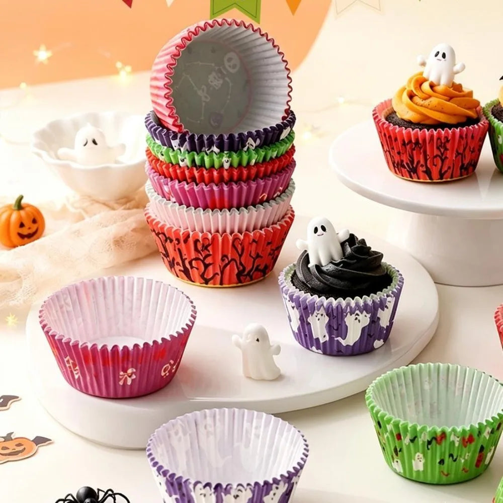 100PCS Halloween Cupcake Wrappers Toppers Pumpkin Ghost Cupcake Wrap Liners Halloween Party Dessert Cake Decoration Baking Cup Quake