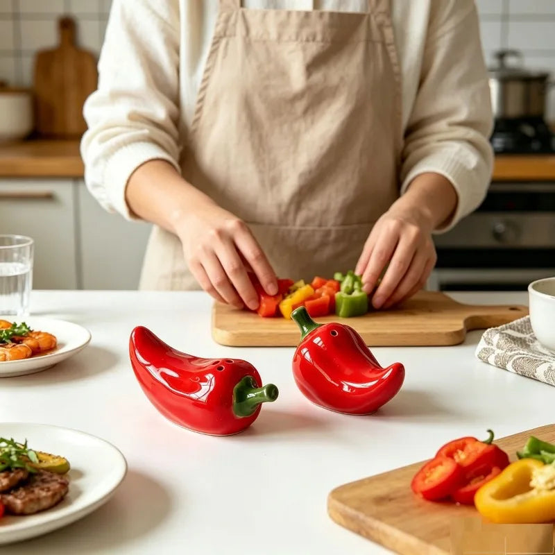 Red Chili Shaped Ceramic Salt Pepper Shaker Set Creative Kitchen Spice Container Seasoning Jar for Table Decor Quake