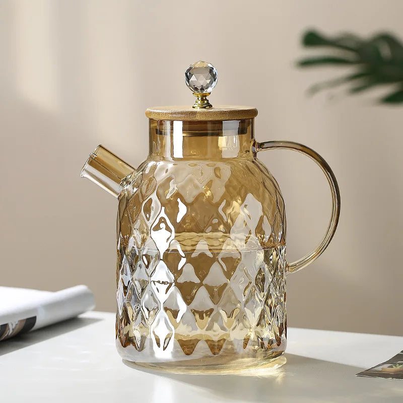 Glass Tea Kettle With Bamboo Lid And Removable Filter Spout Champagne Teapot For Loose Leaf Blooming Tea And Fruit Tea 1/15/1.8L Quake 1.8L