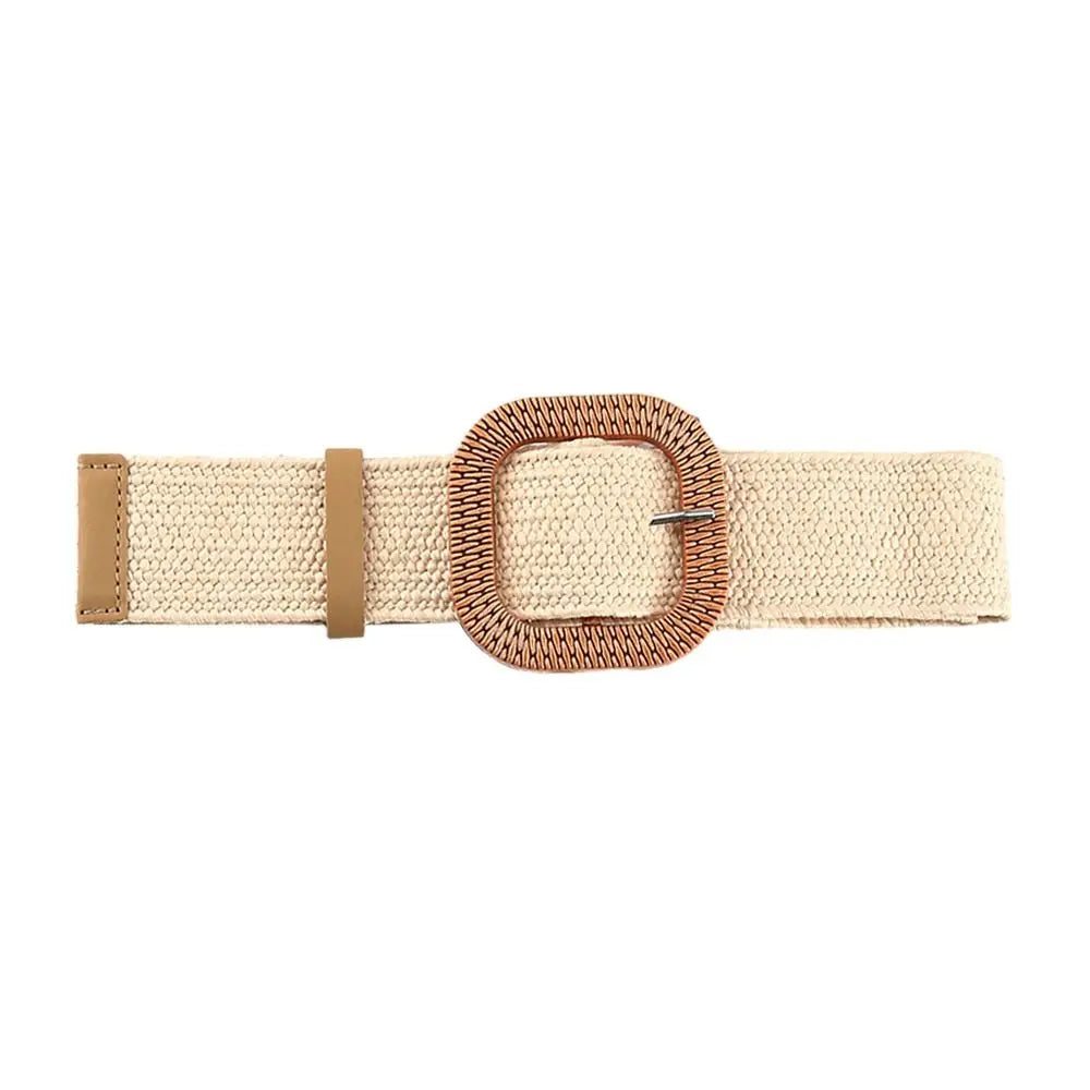 Summer Casual Elastic Braided Waistbelt Wide Straw Belt Waist Belt Quake White-Style 2
