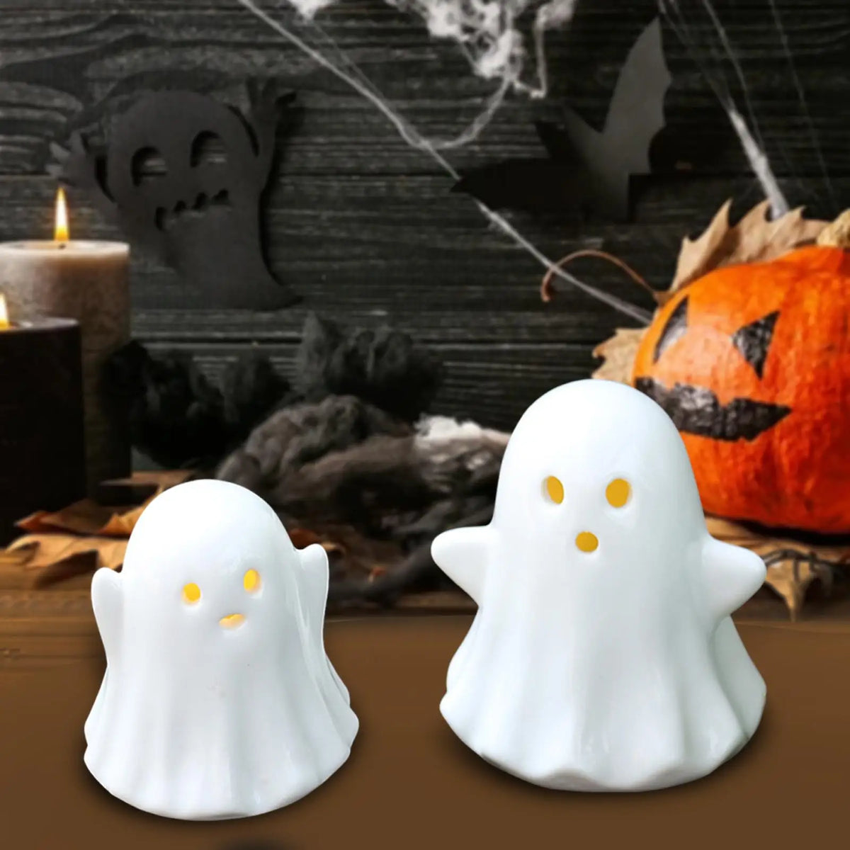 2Pcs Ceramic Ghost Small White Ghost Figurines Tabletop Ornaments Spooky Props Scary Light up for Bookshelf Home Room Kitchen Quake