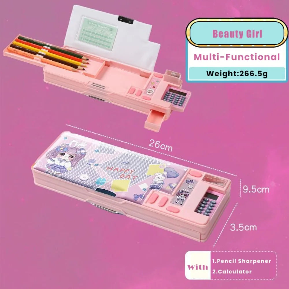 Plastic Pencil Case Fun Mechanism Design Double Sided Use Stationery Storage Box Large Capacity With Calculator/Pencil Sharpener Quake Pink Beautiful Girl