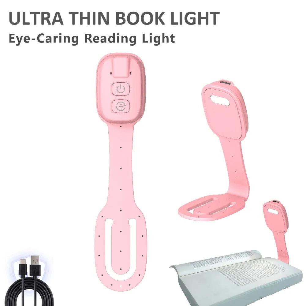 2-in-1 Clip-On Book Light Rechargeable Ultra-thin Mini Book Light with Dimmable Brightness Eye-Caring LED Reading Light Travel Quake Pink