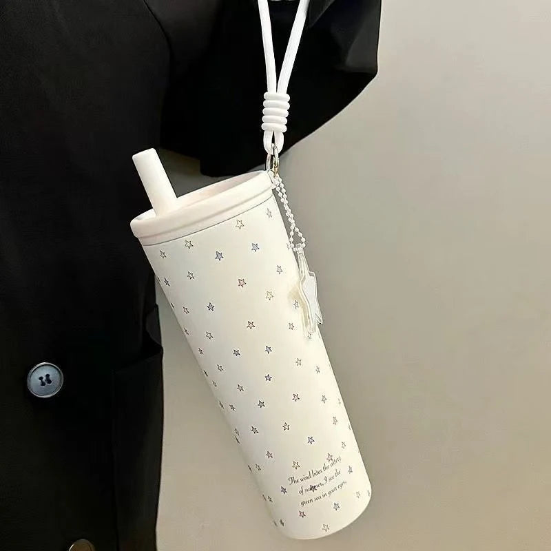 Starry Sky Thermos Cup Stainless Steel Straw Water Bottle High Aesthetic Girl Large Capacity Portable Outdoor Drinking Mug Quake