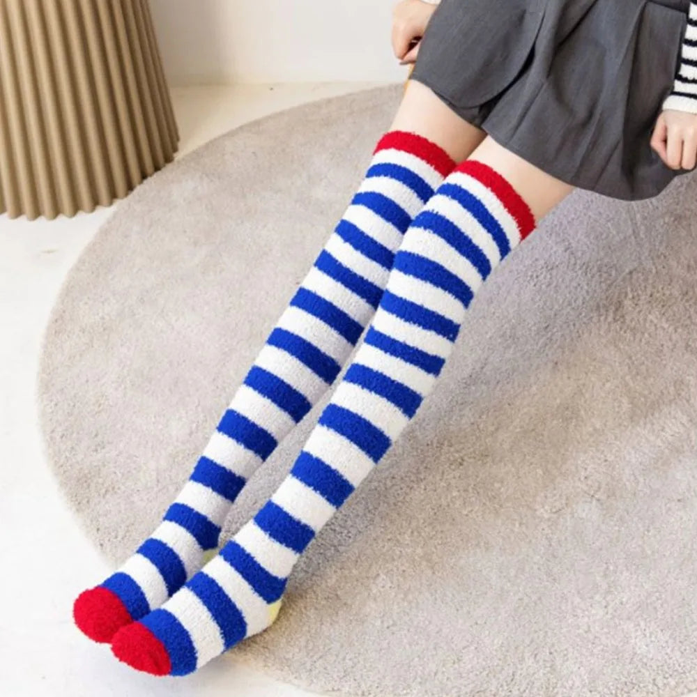 Soft Warm Striped Stockings Long Tube Comfortable Over Knee Socks Coral Velvet Cozy Lined Terry Socks Winter Quake 4 One Size