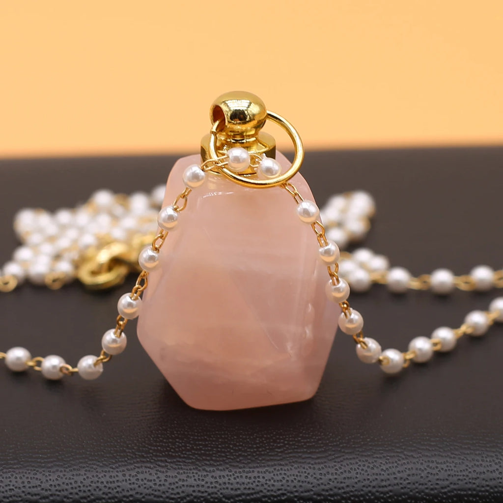 Perfume Bottle Necklace Natural Stone Rose Quartz Perfume Bottle Faceted Pendant For Women Christmas Halloween Gift Chain 80cm Quake 22x33mm