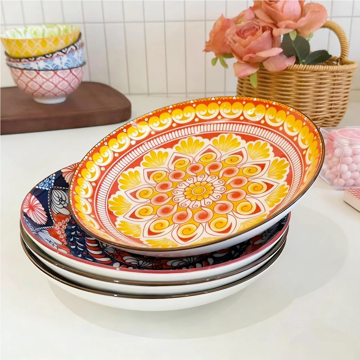 4-Piece Bohemian Pattern Ceramic Plate Set, 8.2 Inch/20.8cm, Multi-Use, Durable, Dishwasher & Microwave Safe Quake